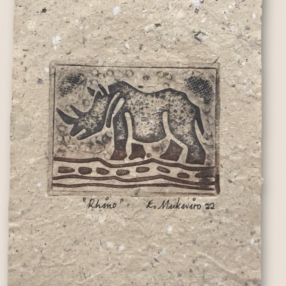 African Animal Print Etchings on Handmade Paper Mukwiro "Rhino" & "Hippo" - Picture 2 of 8
